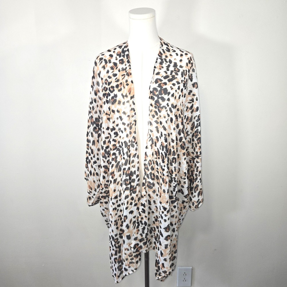 Aerie Kimono Wrap Womens O/S Leopard Print Tan Black Sheer Open Front Dolman